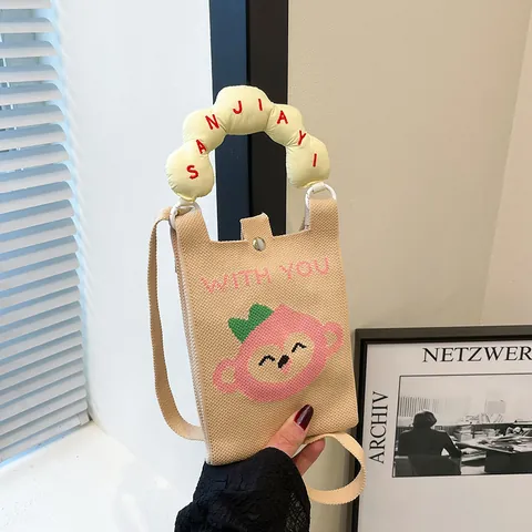 Borsa per Cellulare da Donna in Maglia a Cartoni Animati Orecchini a Tracolla a Righe Con Manico Puffy con Lettere Mini Borsa Accessori Quotidiani