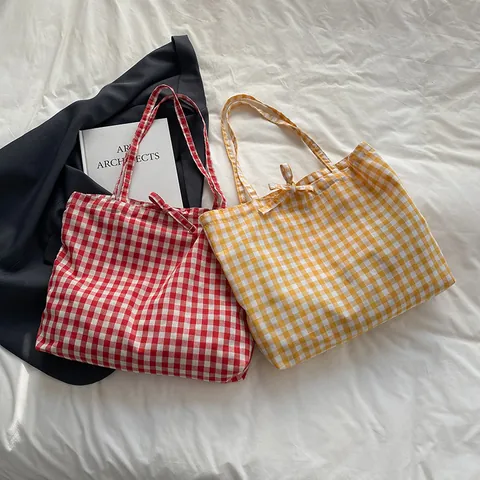 Large Capacity Canvas Gingham Plaid Tote Bag With Bow Sweet Fresh Style Shoulder Bag For Women Daily Shopping Handbag