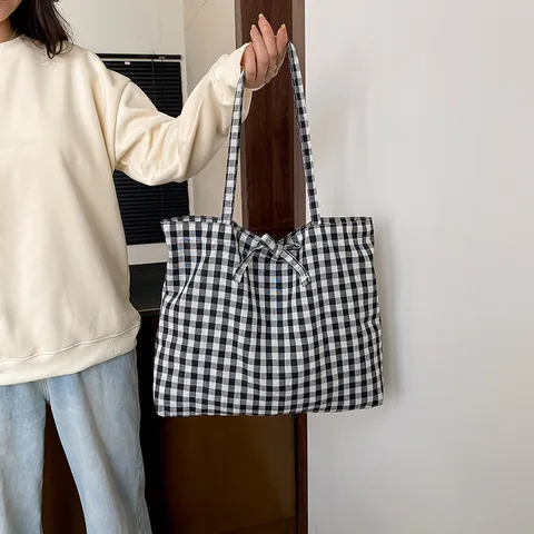 Large Capacity Canvas Gingham Plaid Tote Bag With Bow Sweet Fresh Style Shoulder Bag For Women Daily Shopping Handbag