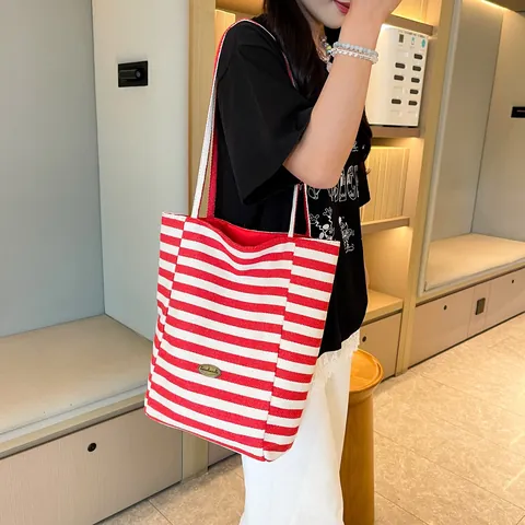 Women Striped Canvas Tote Bag Preppy Large Capacity Shoulder Handbag With Metal Tag For Casual Shopping Daily Travel