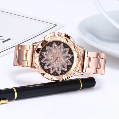 Elegant Women Rose Gold Alloy Quartz Watch Rhinestone Starry Sky Flower Dial Casual Metal Link Band Fashion Wrist Watch