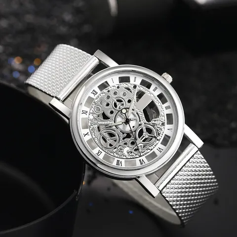 Men Fashion Skeleton Quartz Watch Roman Numerals Industrial Style Mesh Band Business Casual Wristwatch Gold Silver Black