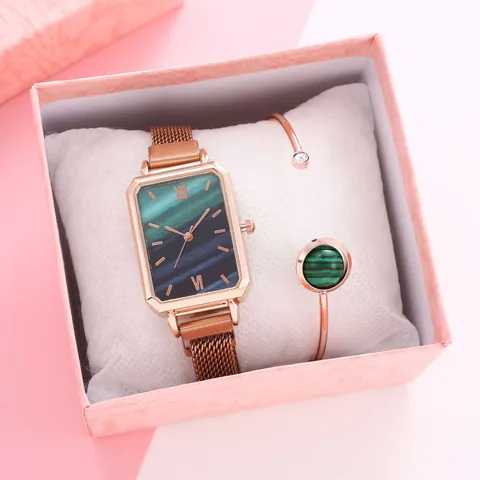 Elegante Orologio al Quarzo Rettangolare da Donna Set Oro Rosa Cinturino in Maglia Milanese Numeri Romani Orologio da Polso Bracciale Regalo