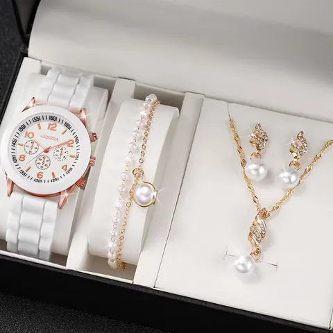 Fashion Women Quartz Watch Necklace Earrings Bracelet Set Silicone Strap Alloy Case Artificial Pearl Rhinestone Jewelry For Daily Gift