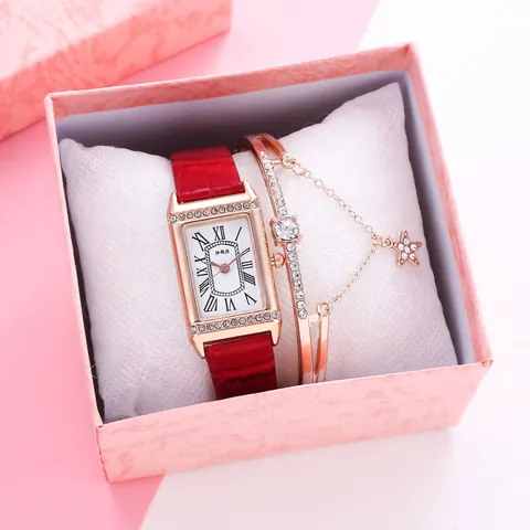 Women Fashion Rectangular Quartz Watch Rose Gold Case Rhinestone Roman Numerals Faux Leather Strap And Star Charm Bracelet Gift