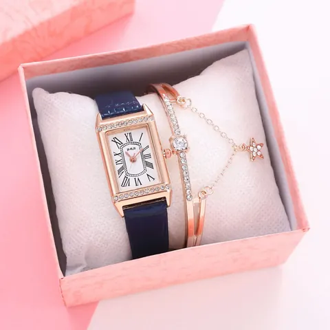 Women Fashion Rectangular Quartz Watch Rose Gold Case Rhinestone Roman Numerals Faux Leather Strap And Star Charm Bracelet Gift