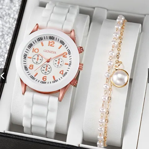Fashion Women Quartz Watch Necklace Earrings Bracelet Set Silicone Strap Alloy Case Artificial Pearl Rhinestone Jewelry For Daily Gift