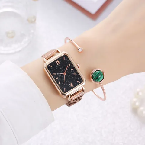 Elegante Orologio al Quarzo Rettangolare da Donna Set Oro Rosa Cinturino in Maglia Milanese Numeri Romani Orologio da Polso Bracciale Regalo