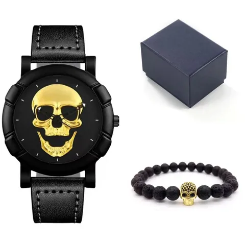 Orologio al Quarzo con Teschio Punk Gothic da Uomo e Bracciale di Perline in Pietra Lavica Regalo per Uomo Cinturino in Ecopelle Hip Hop Gioielli