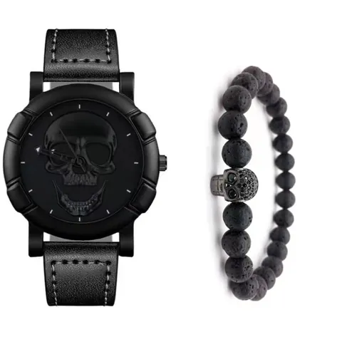Orologio al Quarzo con Teschio Punk Gothic da Uomo e Bracciale di Perline in Pietra Lavica Regalo per Uomo Cinturino in Ecopelle Hip Hop Gioielli