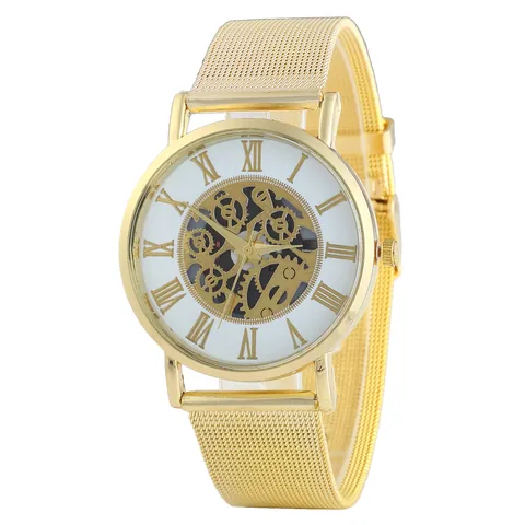 Men's Skeleton Quartz Watch Hollow Dial Roman Numerals Mesh Alloy Band Gold Silver Fashion Casual Wristwatch