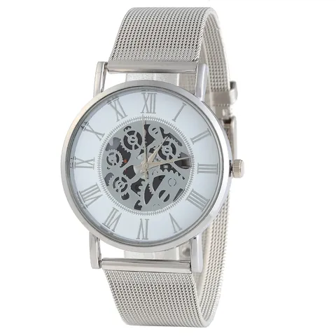 Men's Skeleton Quartz Watch Hollow Dial Roman Numerals Mesh Alloy Band Gold Silver Fashion Casual Wristwatch