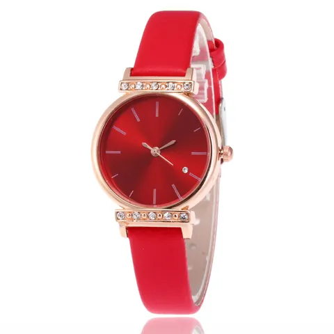 Fashion Women Quartz Watch Faux Leather Strap Rhinestone Decoration Rose Gold Alloy Case Minimalist Sunray Dial Wristwatch