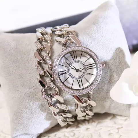 Women Fashion Rhinestone Quartz Watch Luxury Gold Silver Rose Gold Curb Chain Strap Roman Numerals Jewelry Bracelet Watch
