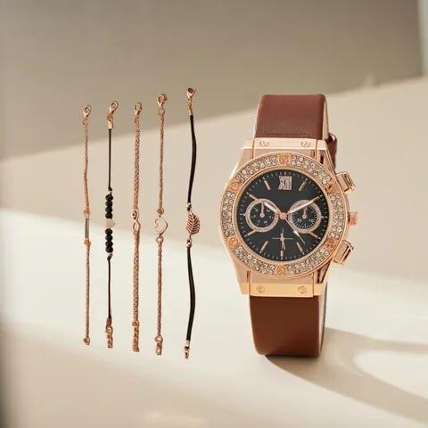 Πολυτελές Ρολόι Quartz Rose Gold Και Σετ Βραχιόλια Για Γυναίκες Κράμα Με Στρας Λουράκι Δερμάτινο Κρεμαστό Καρδιά Φύλλο