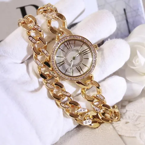 Women Fashion Rhinestone Quartz Watch Luxury Gold Silver Rose Gold Curb Chain Strap Roman Numerals Jewelry Bracelet Watch