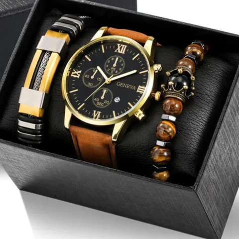 Herren Business Quarzuhr Und Armbänder Geschenkbox Lederarmband Römische Ziffern Legierung Gehäuse Professionelle Mode Armbanduhr