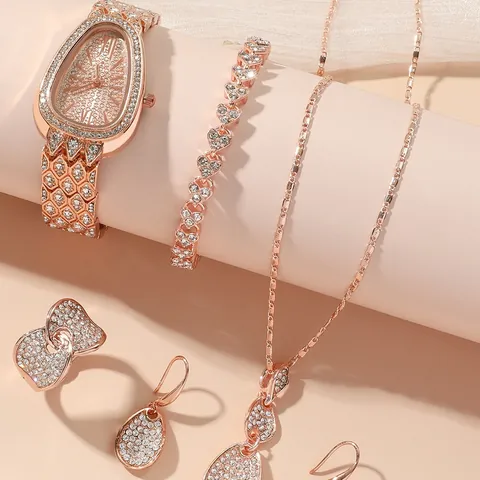Luxury Rose Gold Alloy Rhinestone Snake Head Quartz Watch With Necklace Bracelet Earrings Ring Jewelry Set For Women