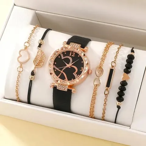Orologio al Quarzo da Donna e Set Regalo di Bracciali Motivo a Cuore Strass Cassa in Lega Cinturino in Ecopelle Set di Gioielli con Confezione Regalo