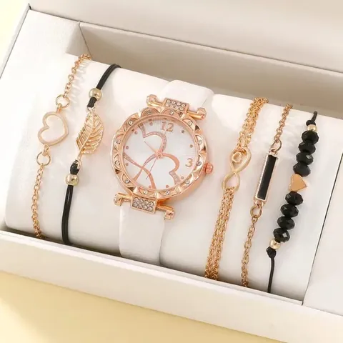 Orologio al Quarzo da Donna e Set Regalo di Bracciali Motivo a Cuore Strass Cassa in Lega Cinturino in Ecopelle Set di Gioielli con Confezione Regalo