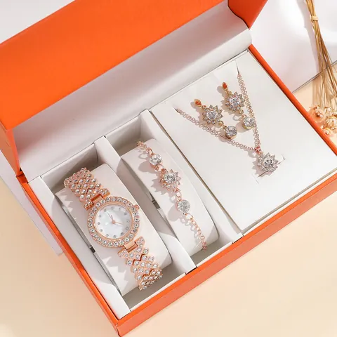 Luxury Women Watch Jewelry Set Rose Gold Rhinestone Quartz Watch With Sunflower Necklace Earrings Bracelet Gift Box For Her