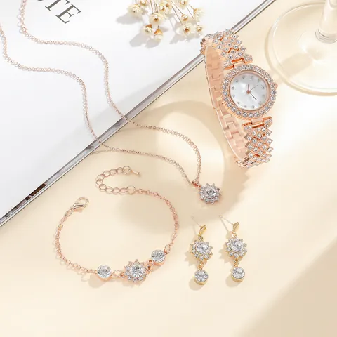 Luxury Women Watch Jewelry Set Rose Gold Rhinestone Quartz Watch With Sunflower Necklace Earrings Bracelet Gift Box For Her