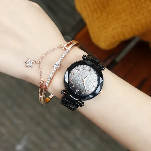 Women Starry Sky Quartz Watch Set Alloy Magnetic Mesh Band Rhinestone Star Bracelet Elegant Ladies Gradient Dial Timepiece