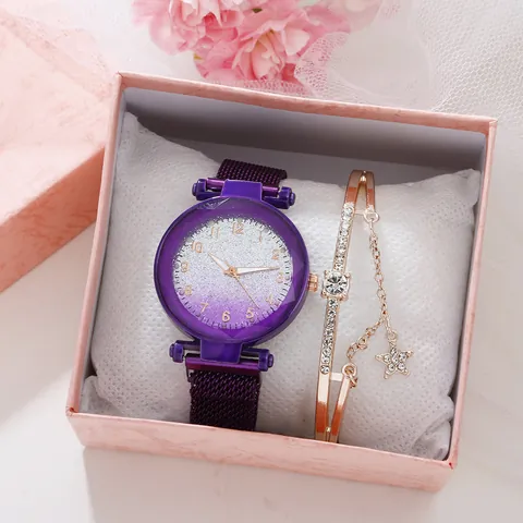 Women Starry Sky Quartz Watch Set Alloy Magnetic Mesh Band Rhinestone Star Bracelet Elegant Ladies Gradient Dial Timepiece