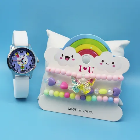 Kids Cartoon Cute Quartz Watch And Beaded Bracelets Jewelry Set Alloy Case Silicone Strap Heart Rabbit Rainbow Floral Design Children Gift