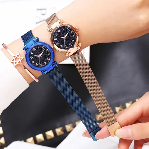 Women Starry Sky Quartz Watch With Milanese Stainless Steel Magnetic Mesh Strap Faceted Glass Elegant Ladies Fashion Wristwatch