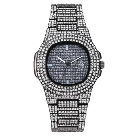 Men Luxury Quartz Watch Iced Out Rhinestone Stainless Steel Band Hip Hop Octagonal Case With Calendar Date