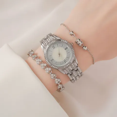 Luxus Silber Strass Damen Armbanduhren Set Mit Herz Anhänger Armband Römische Ziffer Quarzuhr Schmuckset Für Damen
