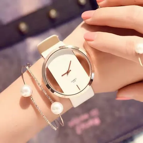 Women Fashion Hollow Quartz Watch Alloy Case Faux Leather Strap Analog Wristwatch Bracelet Jewelry Accessory Bundle Gift