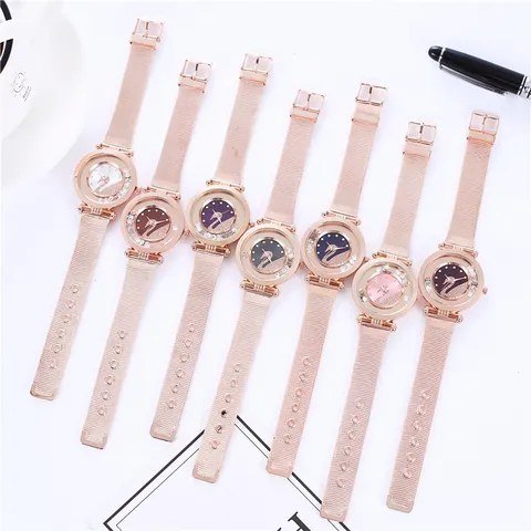Women Fashion Quartz Watch With Swan Pattern Rhinestone Dial Rose Gold Mesh Band Floating Beads Luxury Ladies Wrist Watch