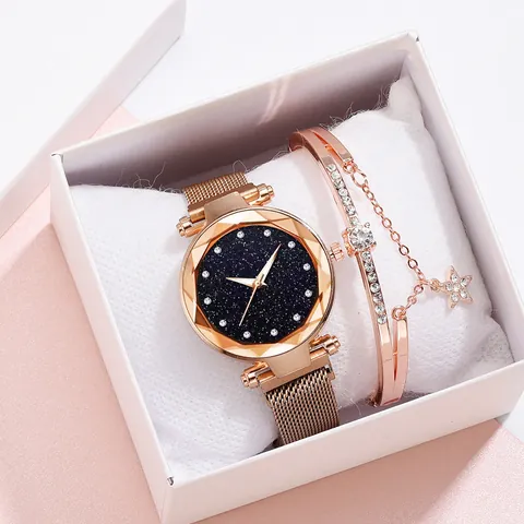 Women Fashion Quartz Watch With Starry Sky Dial And Magnetic Mesh Strap Alloy Rhinestone Bracelet Jewelry Gift For Lady