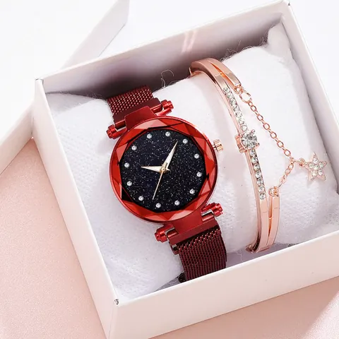 Women Fashion Quartz Watch With Starry Sky Dial And Magnetic Mesh Strap Alloy Rhinestone Bracelet Jewelry Gift For Lady