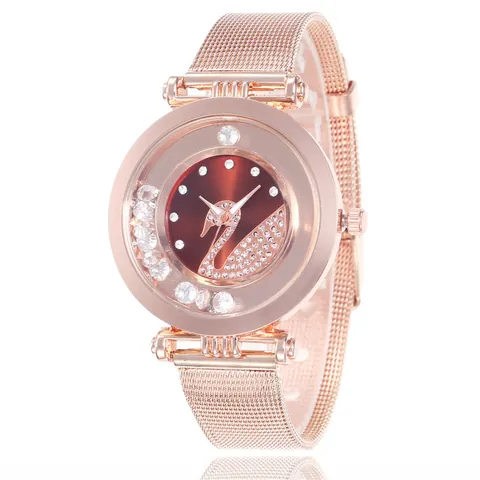 Women Fashion Quartz Watch With Swan Pattern Rhinestone Dial Rose Gold Mesh Band Floating Beads Luxury Ladies Wrist Watch