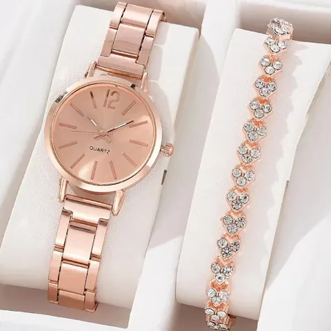 Women Fashion Analog Quartz Wrist Watch Heart Rhinestone Bracelet Metal Link Band Elegant Ladies Jewelry Accessory Pink Packaging
