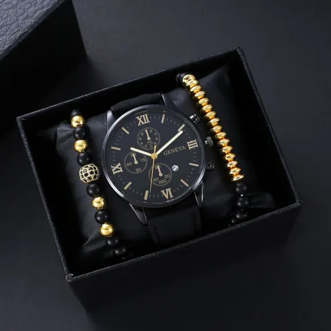 Heren Zakelijk Casual Kwartshorloge Set Met Multi-Wijzerplaat Decoratie Romeinse Cijfers Kalender Legering Kast Kunstlederen Band Horloge En Armband Cadeauset