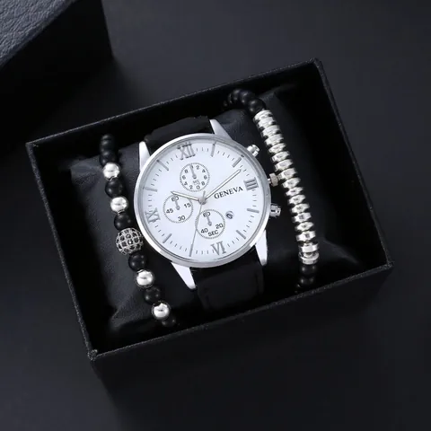 Heren Zakelijk Casual Kwartshorloge Set Met Multi-Wijzerplaat Decoratie Romeinse Cijfers Kalender Legering Kast Kunstlederen Band Horloge En Armband Cadeauset