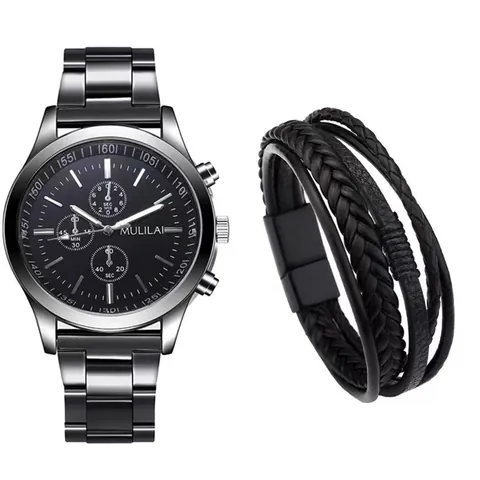 Men Business Quartz Watch Woven Leather Bracelet Alloy Mesh Band Chronograph Style Fashion Wristwatch Gift For Men