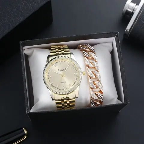 Luxury Men Gold Quartz Watch Rhinestone Dial Luminous Alloy Watch And Bracelet And Jewelry Packaging Business Watch Gift