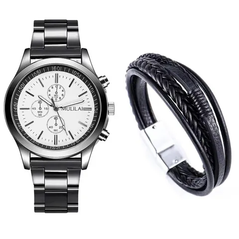 Men Business Quartz Watch Woven Leather Bracelet Alloy Mesh Band Chronograph Style Fashion Wristwatch Gift For Men