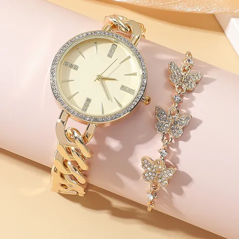 Montre en Or pour Femme à la Mode et Ensemble de Bracelets Papillon Lunette en Strass Mouvement à Quartz Bijoux