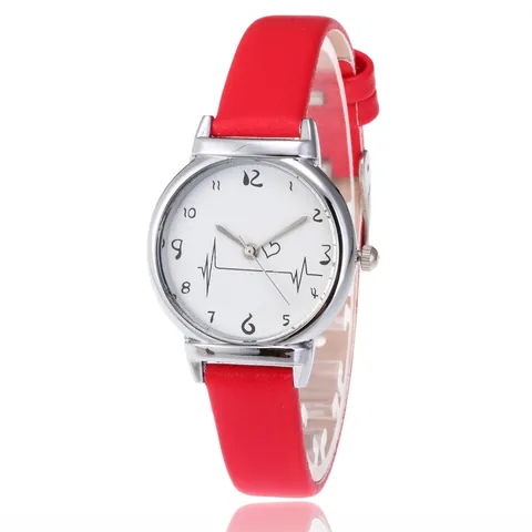 Fashion Women Quartz Watch With Faux Leather Strap Alloy Case Unique ECG Heart Pattern Hand Drawn Numbers Analog Wristwatch