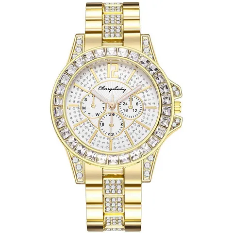 Women Fashion Quartz Watch Alloy Rhinestone Accented Metal Chain Multi-Function Business Casual Ladies Wristwatch