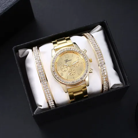 Luxe Dames Quartz Horloge Volledig Bezet Met Diamanten Sieraden Armband Combinatie Alloy Stalen Band Geneva Analoog Polshorloge