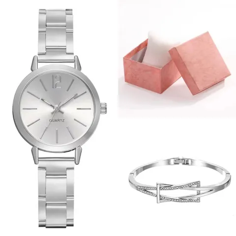 Women Quartz Watch Minimalist Slim Steel Band Pointer Display Alloy Round Dial Fashion Casual Ladies Wristwatch Jewelry Bracelet Gift Box
