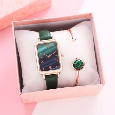 Dames Mode Rechthoekig Quartz Horloge En Armband Met Rose Goud Legering Kast Kunstlederen Band Malachiet Marmer Patroon Wijzerplaat Romeinse Cijfers Decoratief Sieraad Cadeau Voor Dames