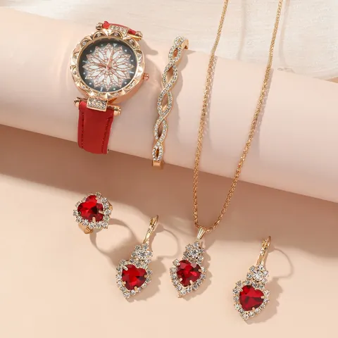 Women Luxury Quartz Watch Necklace Earrings Ring Bracelet Gift Set Heart Pendant Rhinestone Faux Leather Strap Analog Watch